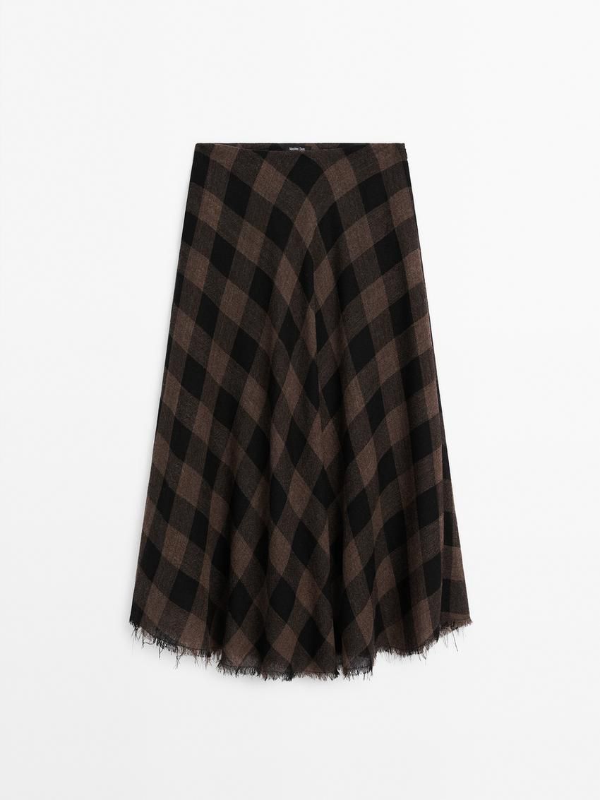 Massimo Dutti Wool Check Midi Women Skirts Black / Dark Brown | US-LB5192604