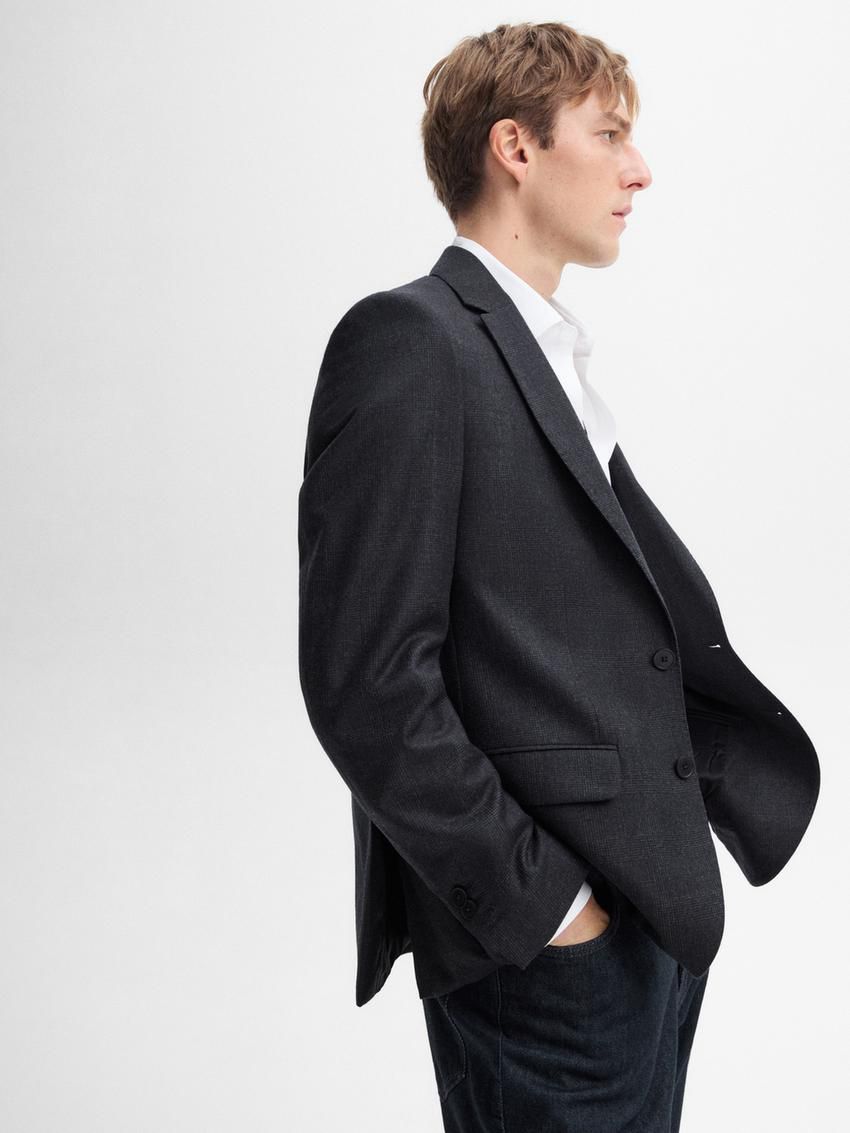 Massimo Dutti Wool Check Suit Men Blazer Navy | US-OY4756819