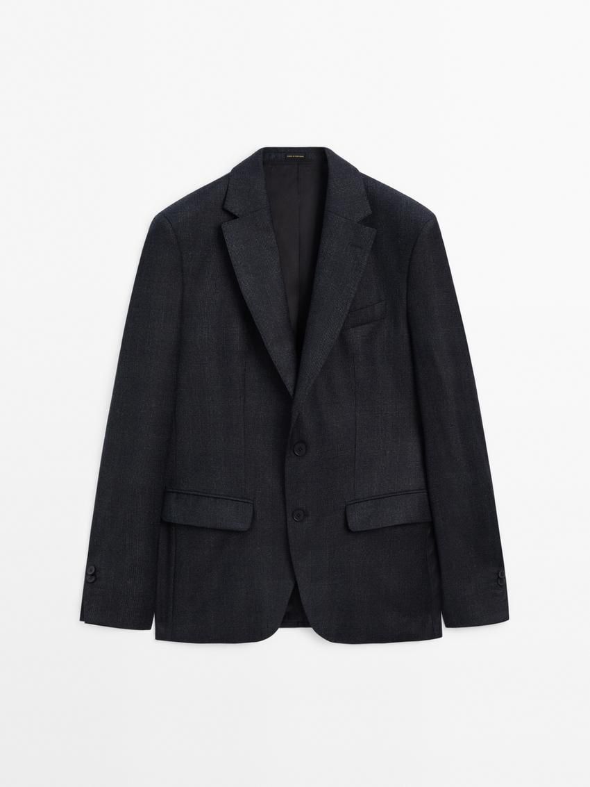 Massimo Dutti Wool Check Suit Men Blazer Navy | US-OY4756819