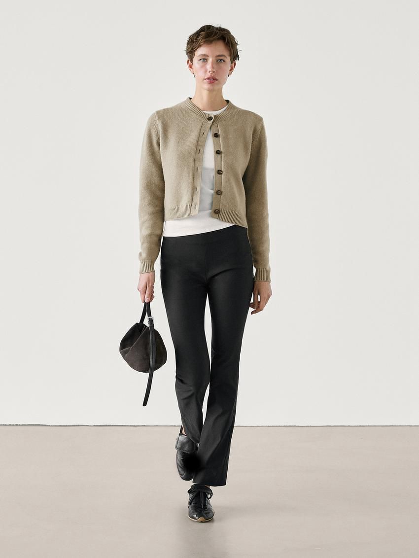 Massimo Dutti Wool Cropped Knit Women Cardigan Khaki | US-FB0873624