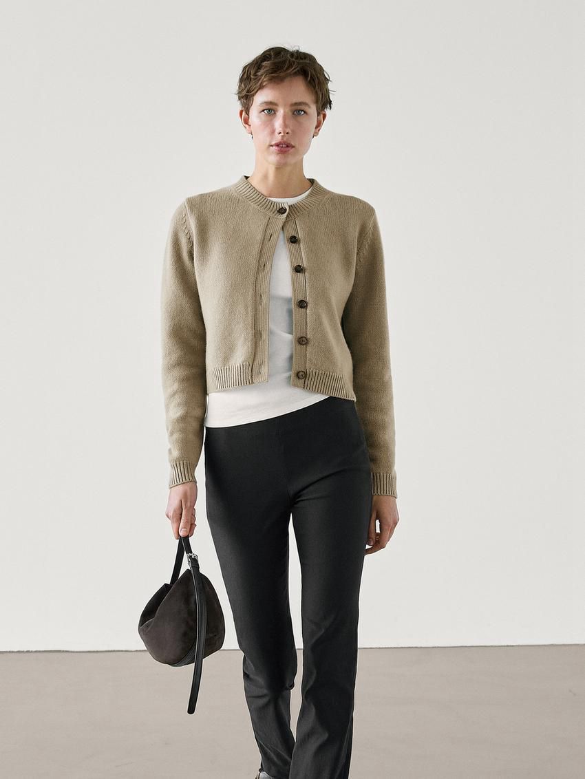 Massimo Dutti Wool Cropped Knit Women Cardigan Khaki | US-FB0873624