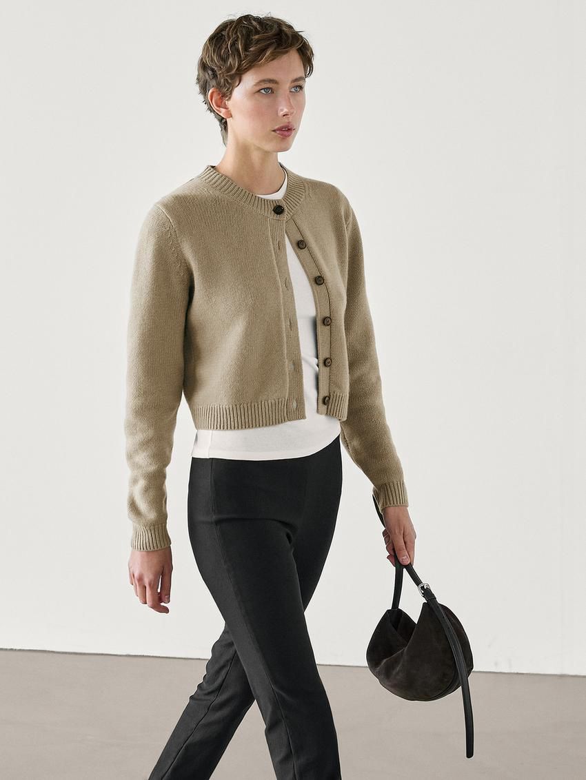 Massimo Dutti Wool Cropped Knit Women Cardigan Khaki | US-FB0873624