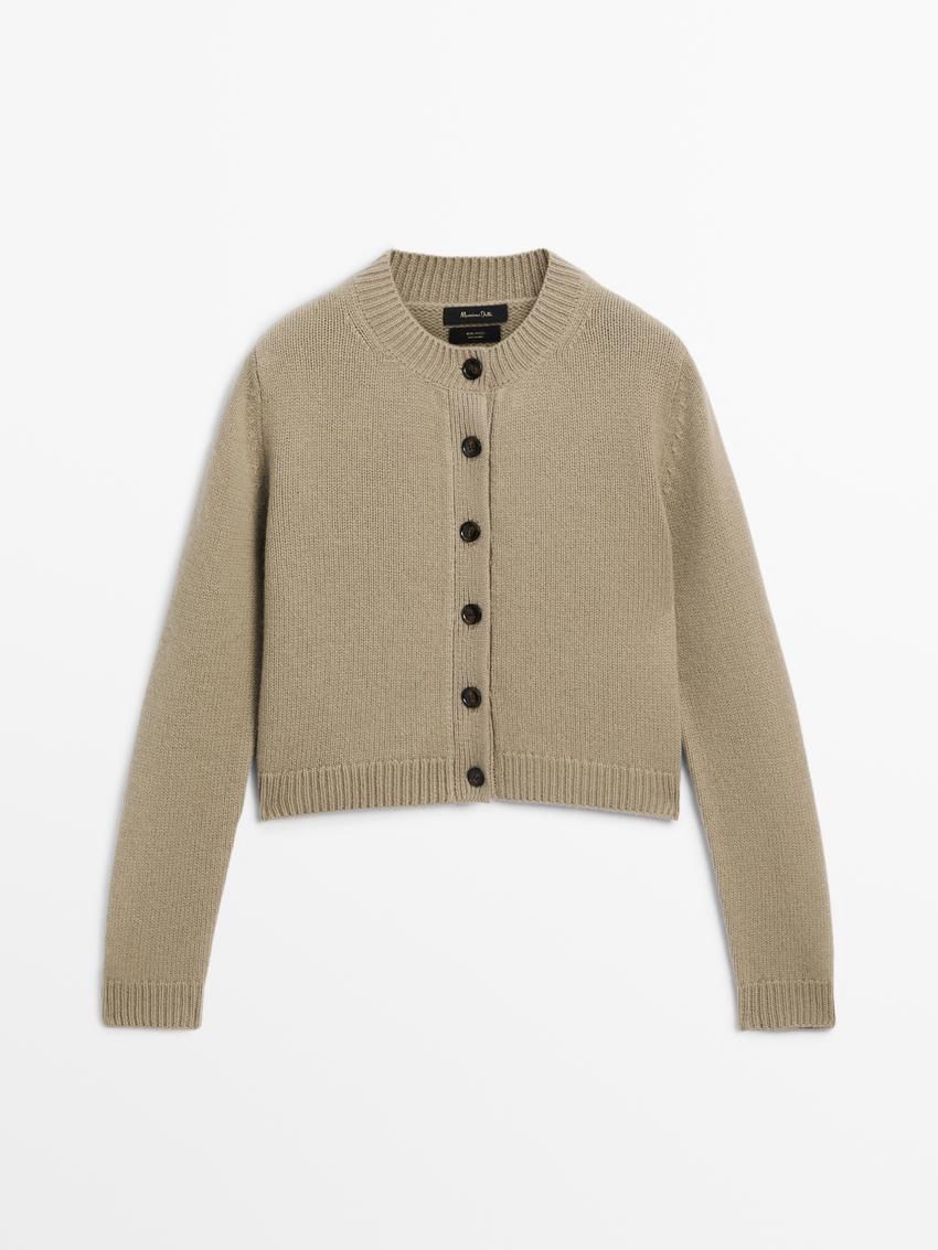 Massimo Dutti Wool Cropped Knit Women Cardigan Khaki | US-FB0873624