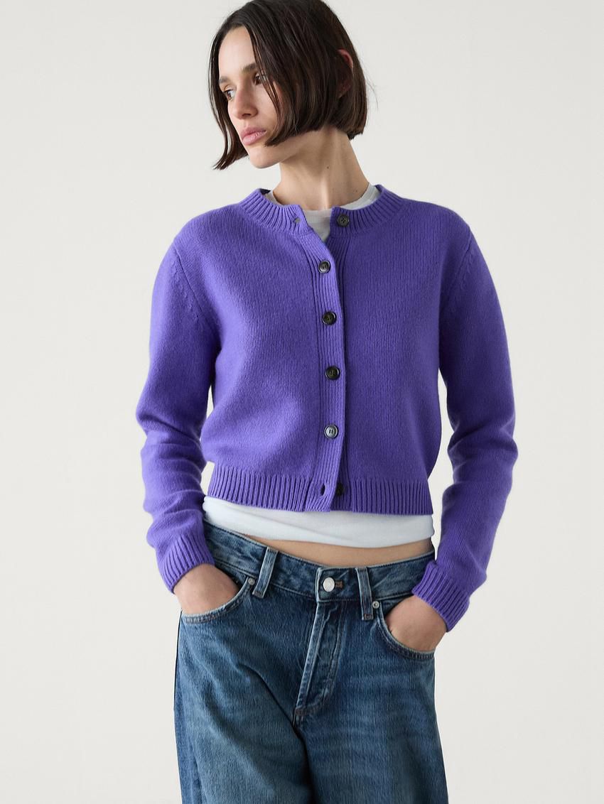 Massimo Dutti Wool Cropped Knit Women Cardigan Purple | US-DX2870596