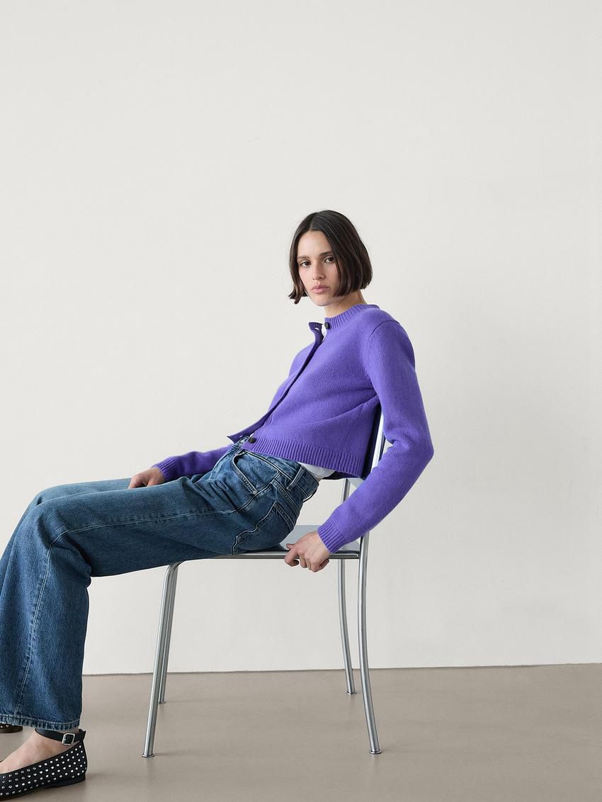 Massimo Dutti Wool Cropped Knit Women Cardigan Purple | US-DX2870596