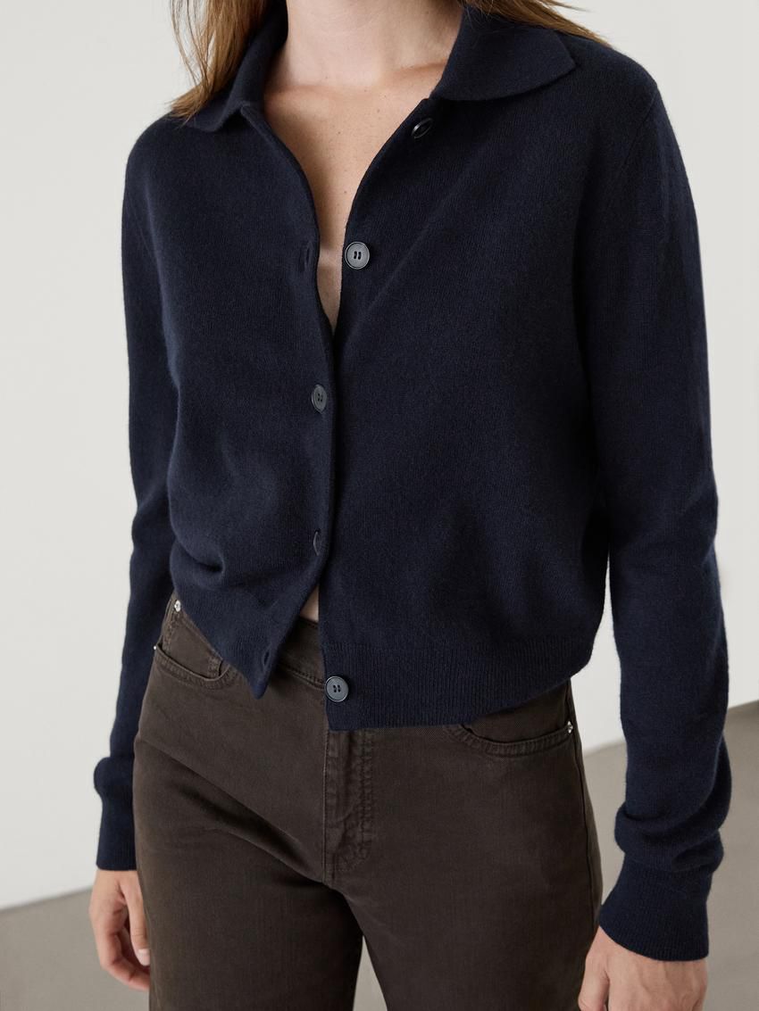 Massimo Dutti Wool Cropped Knit Women Cardigan Navy | US-TS9078325