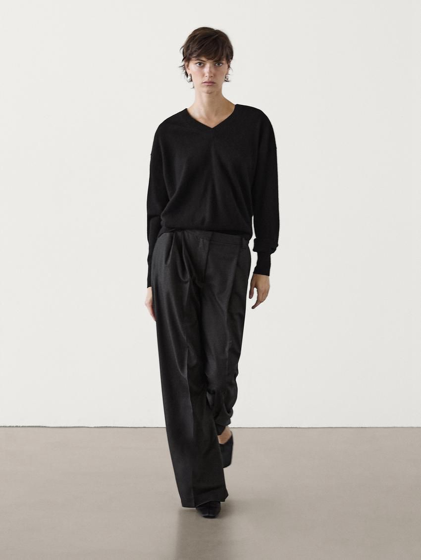 Massimo Dutti Wool Flannel Women Trousers Black | US-NF0549836