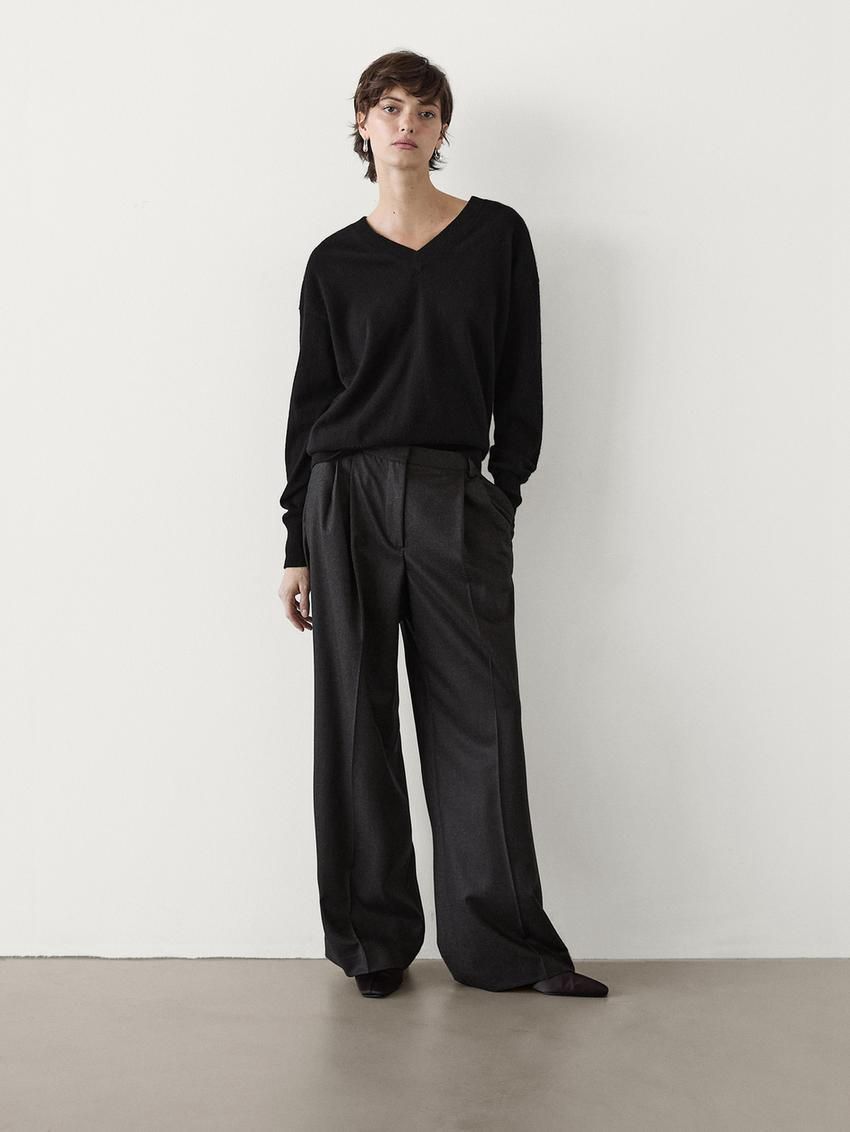 Massimo Dutti Wool Flannel Women Trousers Black | US-NF0549836