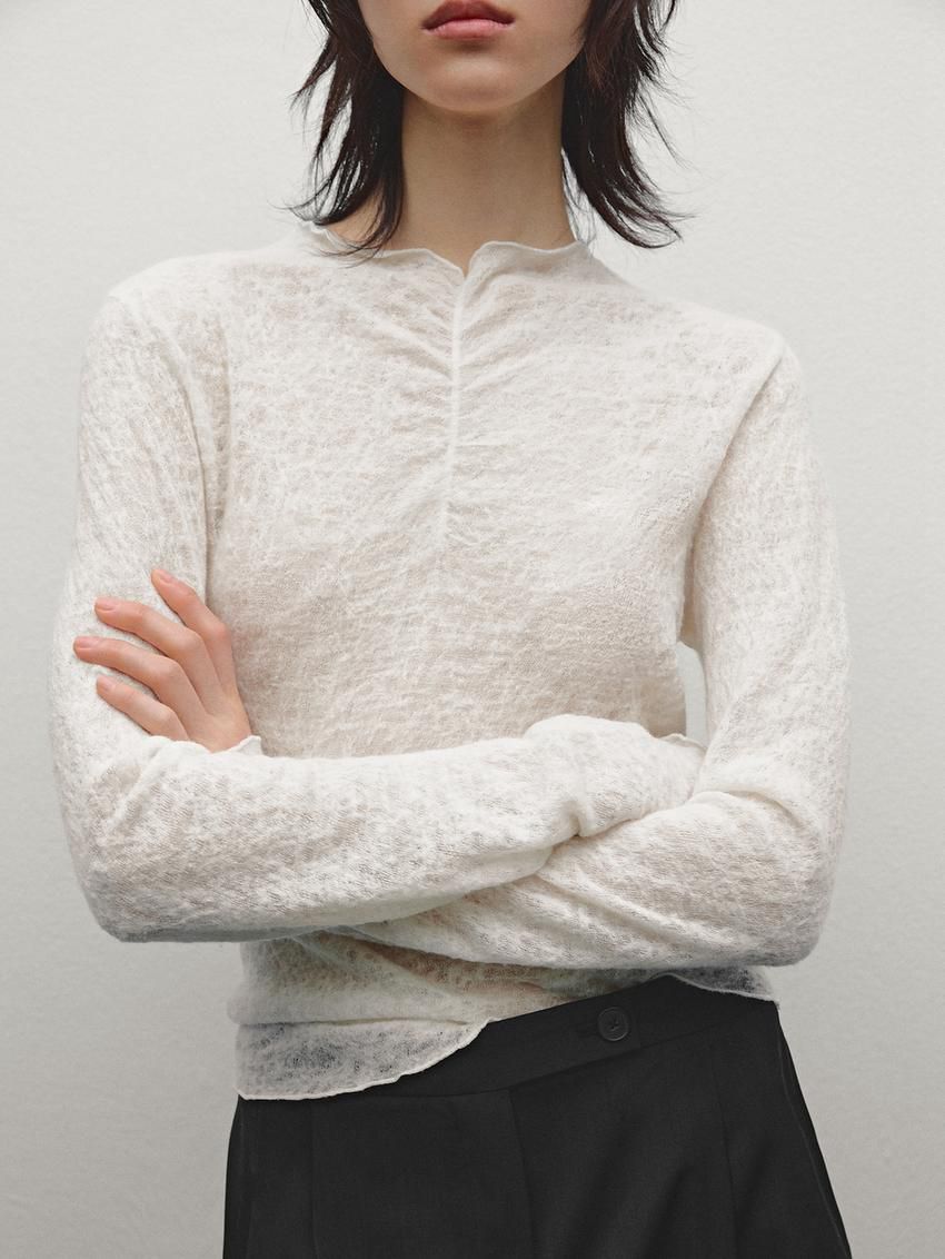 Massimo Dutti Wool Gathered Neck Women T-Shirt Cream | US-AQ4621850