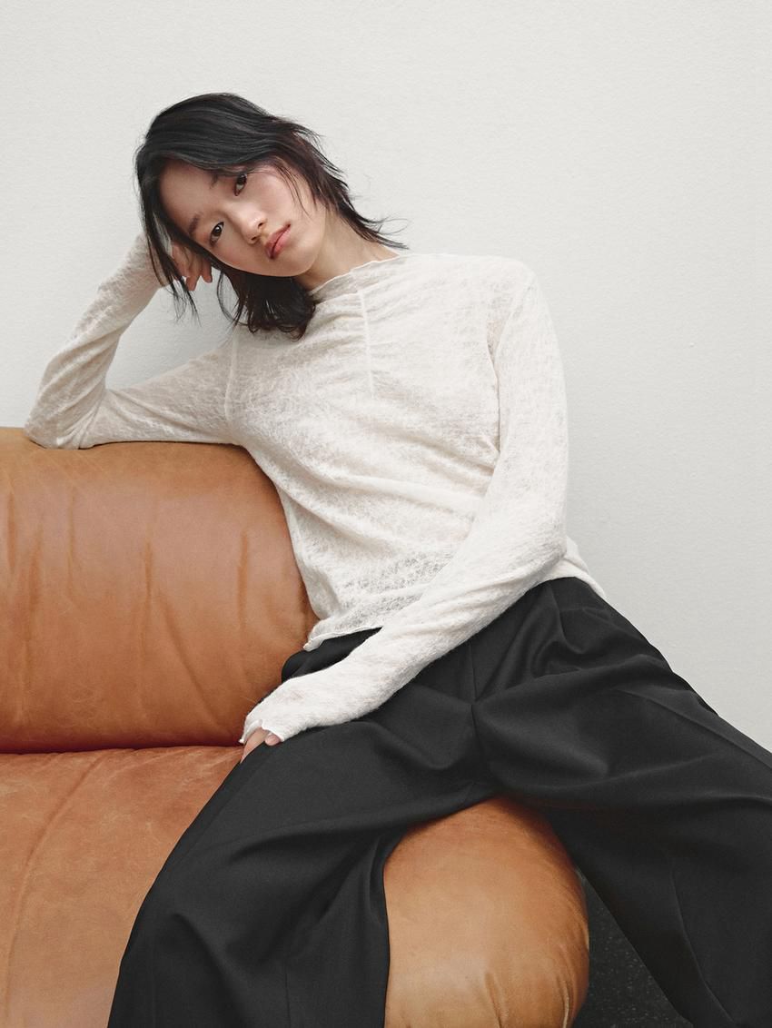 Massimo Dutti Wool Gathered Neck Women T-Shirt Cream | US-AQ4621850
