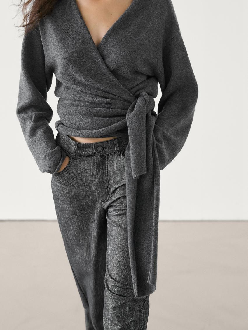 Massimo Dutti Wool Knit With Bow Women Cardigan Dark Grey | US-ZM1930476