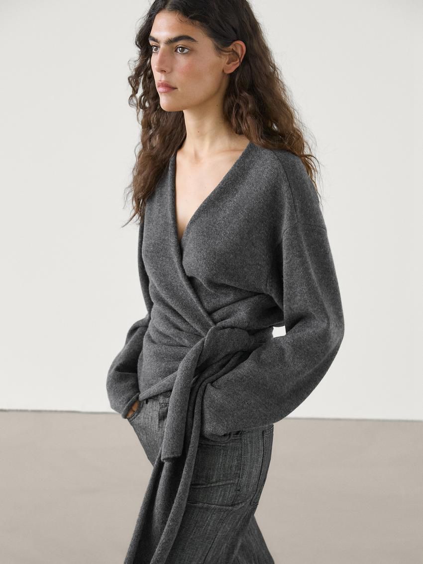 Massimo Dutti Wool Knit With Bow Women Cardigan Dark Grey | US-ZM1930476