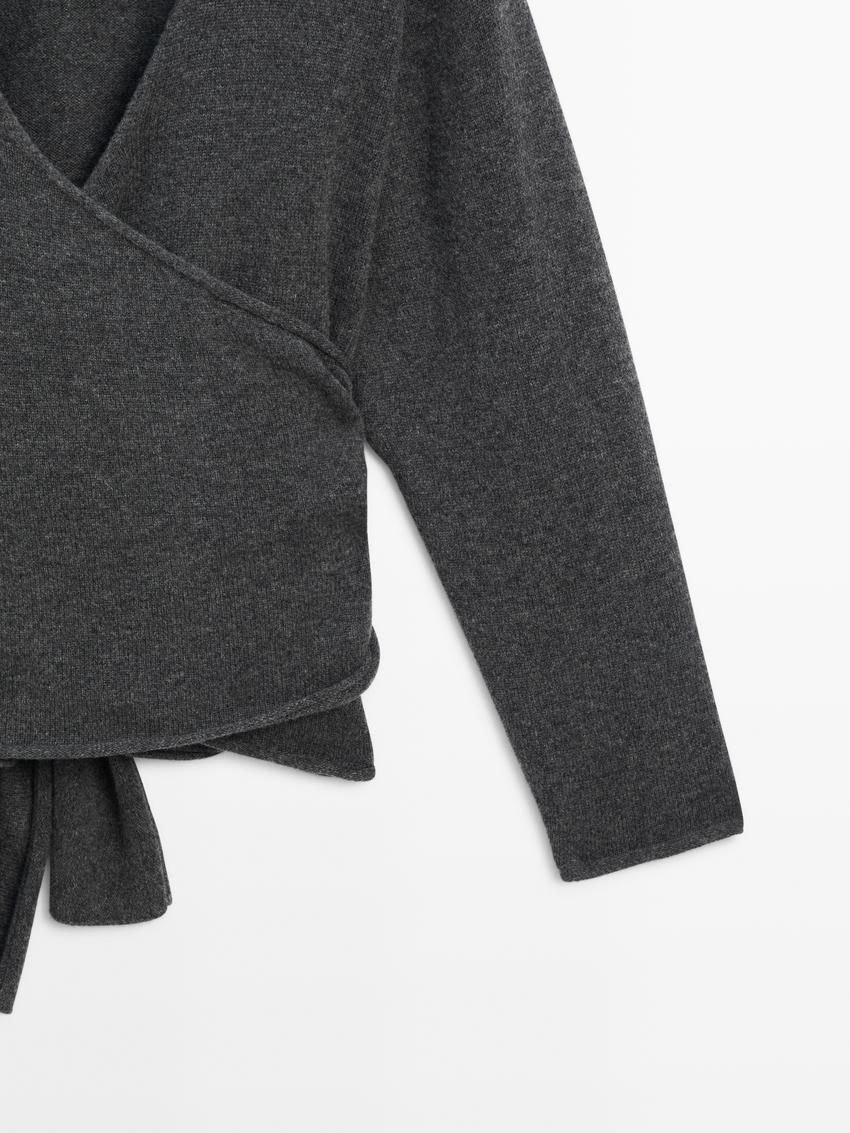 Massimo Dutti Wool Knit With Bow Women Cardigan Dark Grey | US-ZM1930476