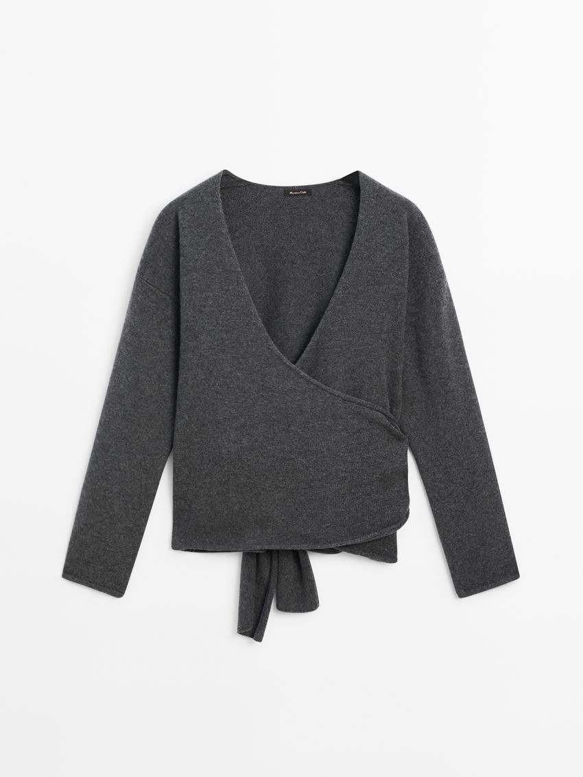 Massimo Dutti Wool Knit With Bow Women Cardigan Dark Grey | US-ZM1930476