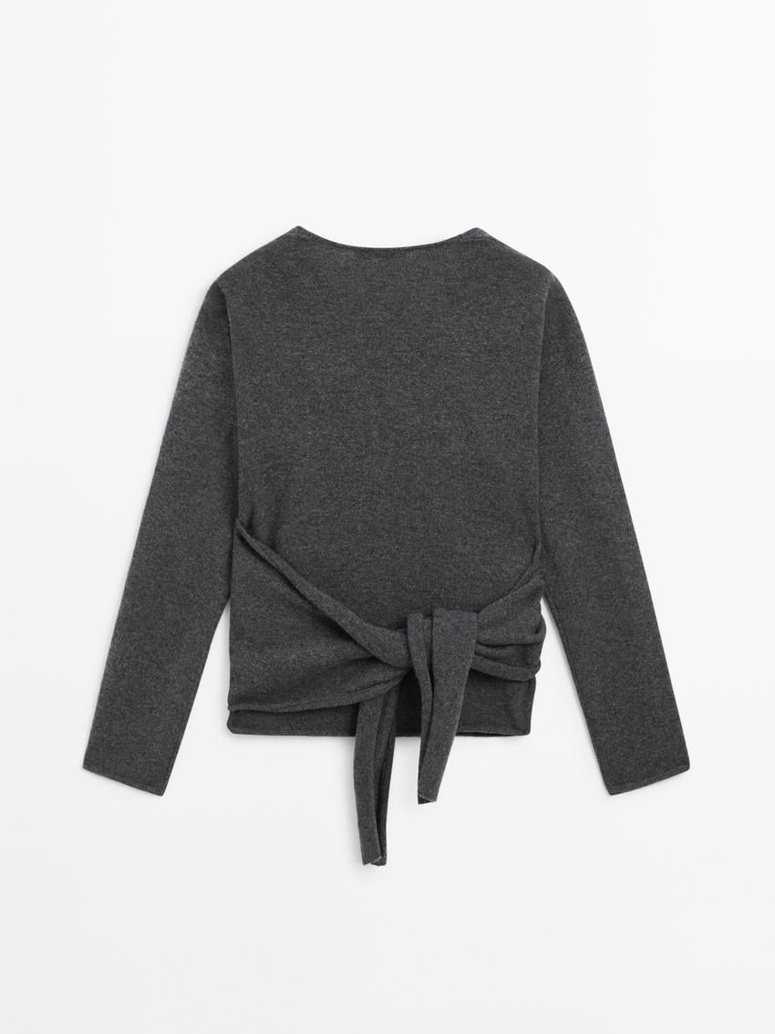 Massimo Dutti Wool Knit With Bow Women Cardigan Dark Grey | US-ZM1930476