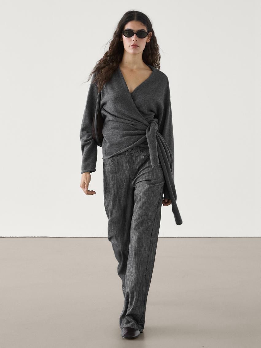 Massimo Dutti Wool Knit With Bow Women Cardigan Dark Grey | US-ZM1930476