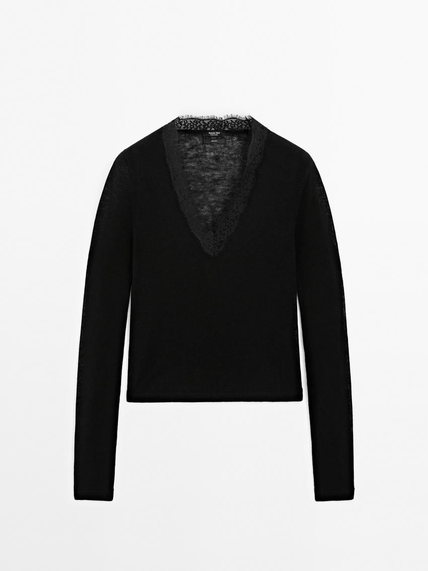 Massimo Dutti Wool Knit With Lace Trim Detail Women Sweater Black | US-OM6483270