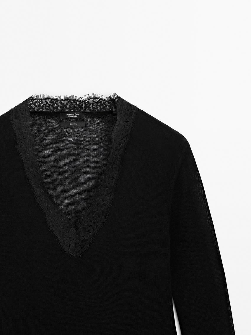 Massimo Dutti Wool Knit With Lace Trim Detail Women Sweater Black | US-OM6483270