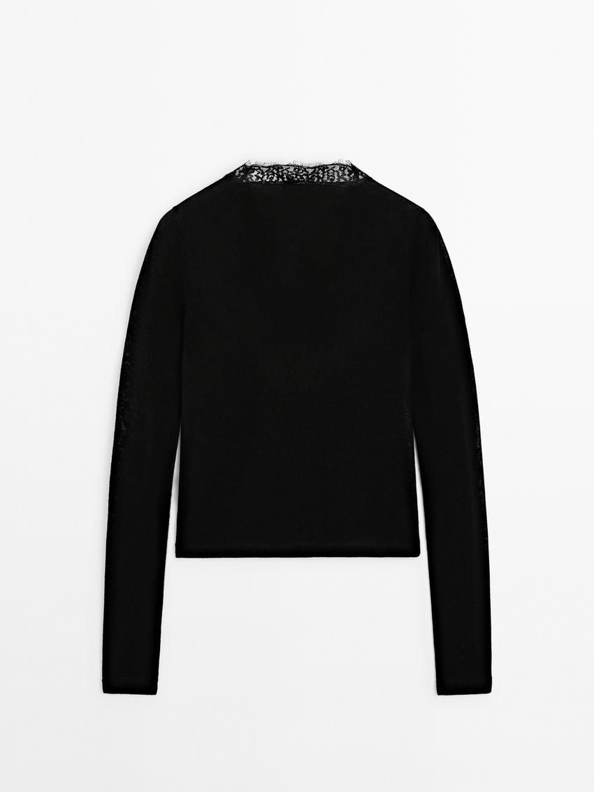 Massimo Dutti Wool Knit With Lace Trim Detail Women Sweater Black | US-OM6483270