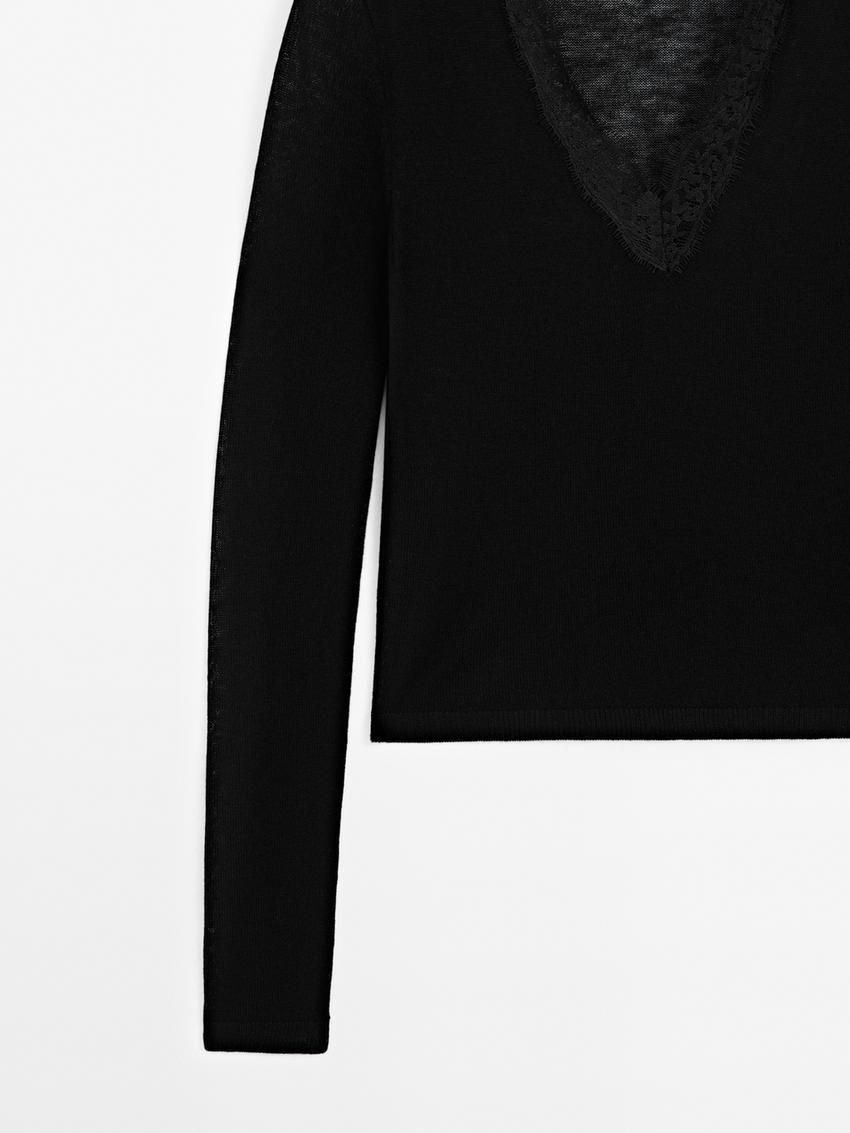 Massimo Dutti Wool Knit With Lace Trim Detail Women Sweater Black | US-OM6483270