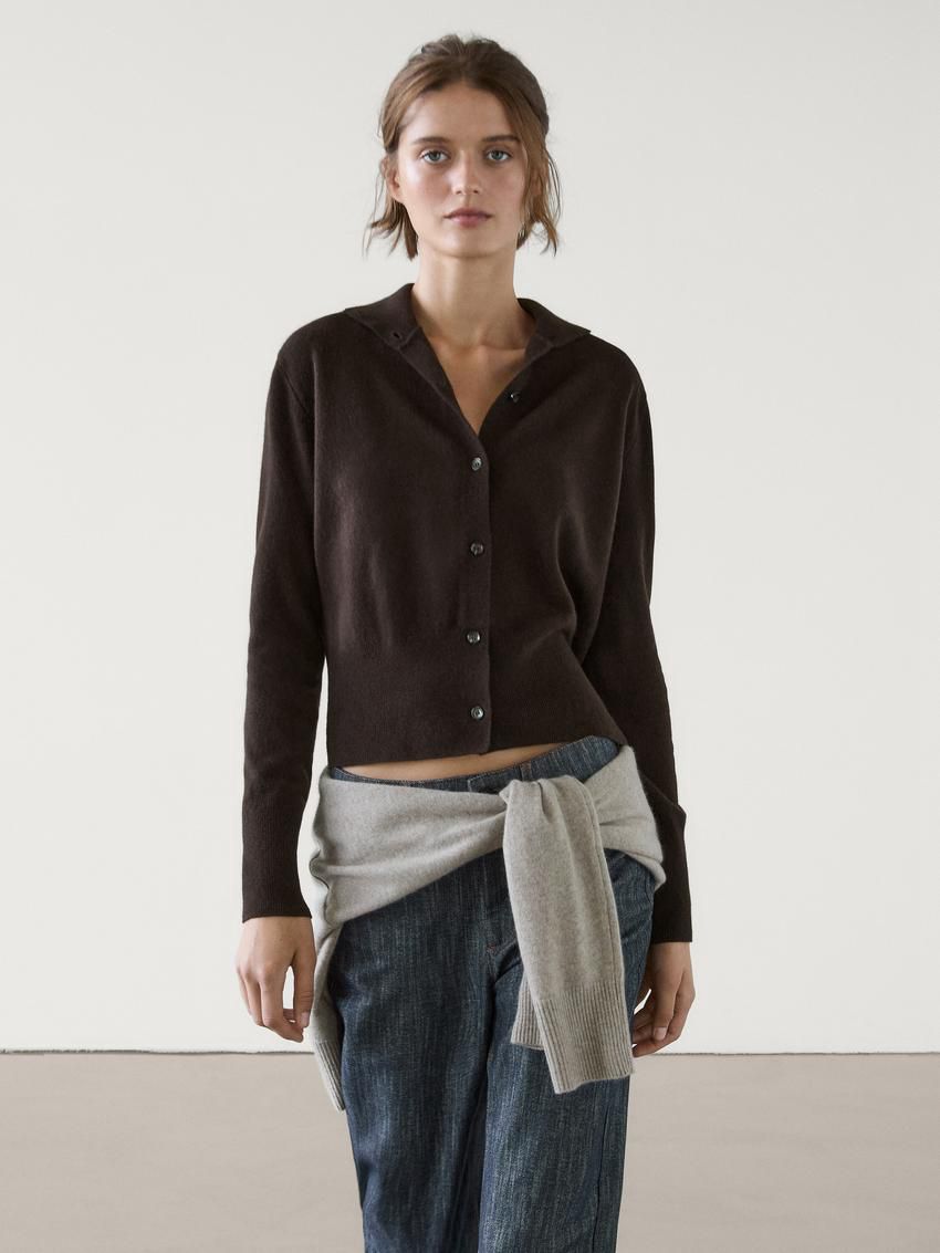 Massimo Dutti Wool Knit With Mock Turtleneck Women Cardigan Dark Brown | US-YJ0813942