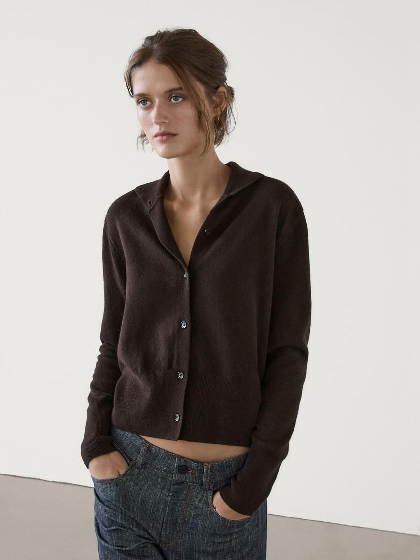 Massimo Dutti Wool Knit With Mock Turtleneck Women Cardigan Dark Brown | US-YJ0813942