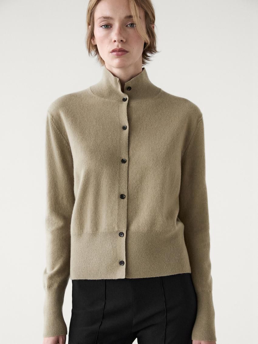 Massimo Dutti Wool Knit With Mock Turtleneck Women Cardigan Light Green | US-YS7308594