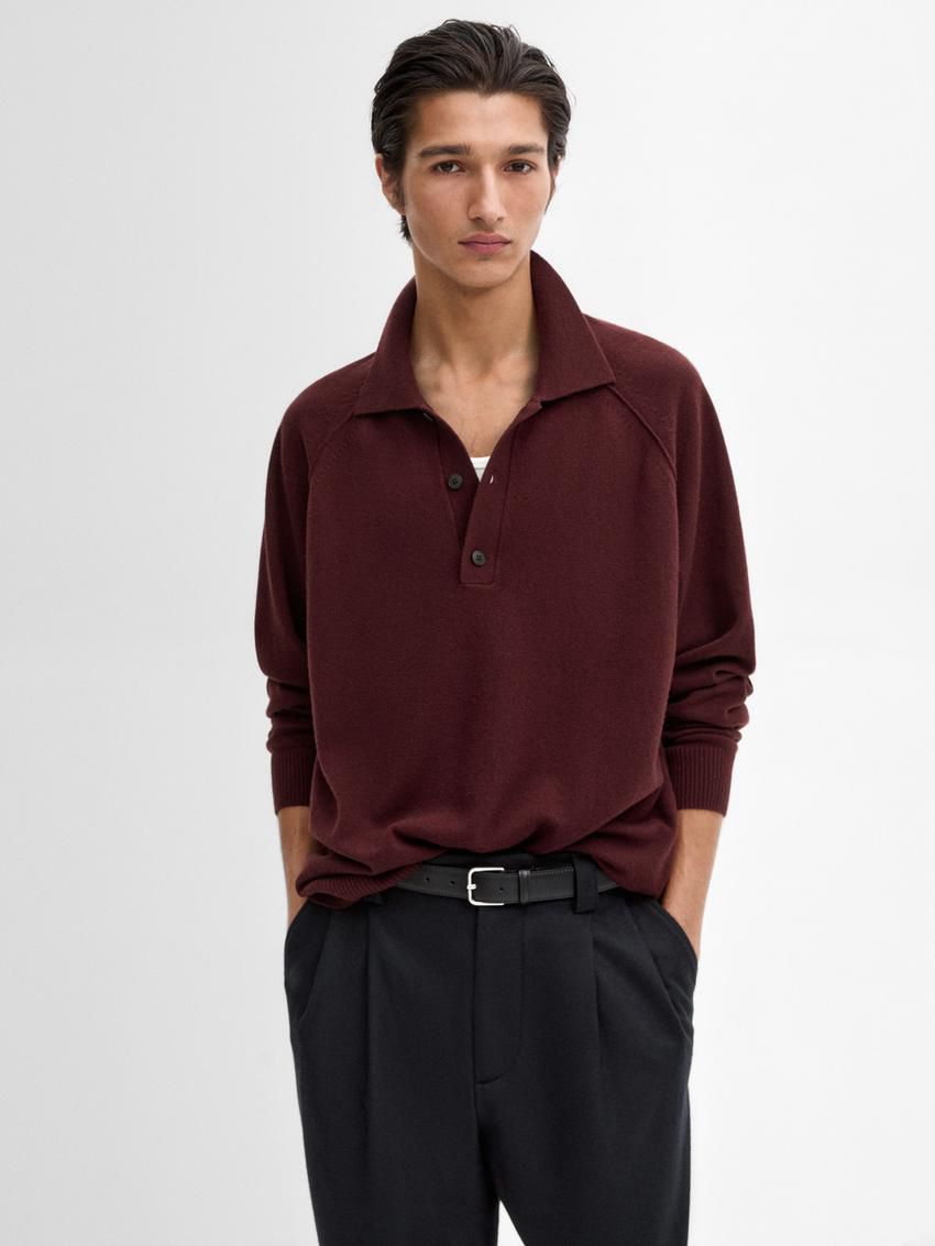 Massimo Dutti Wool Knit With Polo Collar Men Sweater Burgundy | US-FL9346802