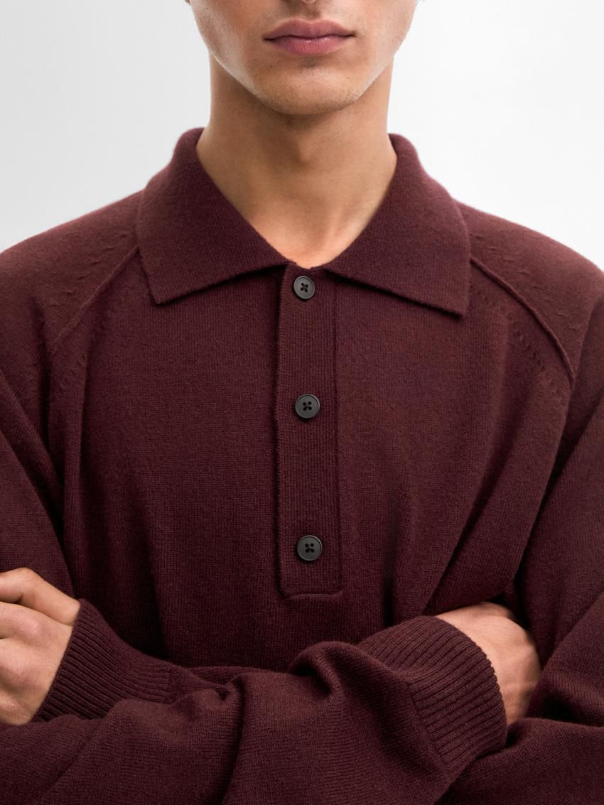 Massimo Dutti Wool Knit With Polo Collar Men Sweater Burgundy | US-FL9346802