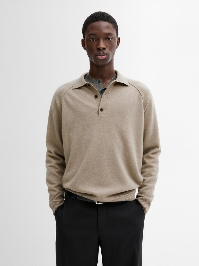 Massimo Dutti Wool Knit With Polo Collar Men Sweater Beige | US-YV9870365