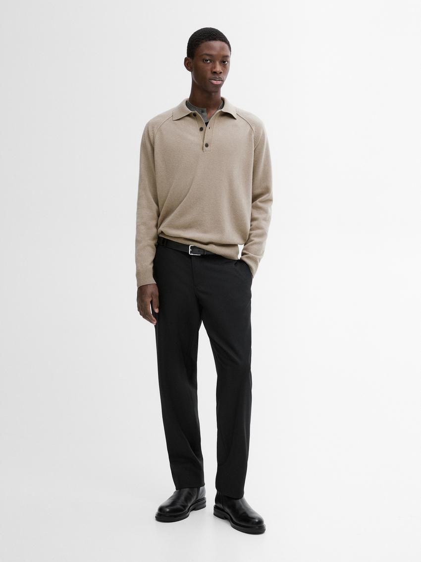 Massimo Dutti Wool Knit With Polo Collar Men Sweater Beige | US-YV9870365