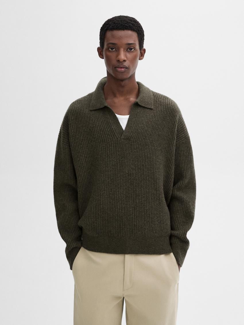 Massimo Dutti Wool Knit With Polo Collar Men Sweater Dark Green | US-DT8467130