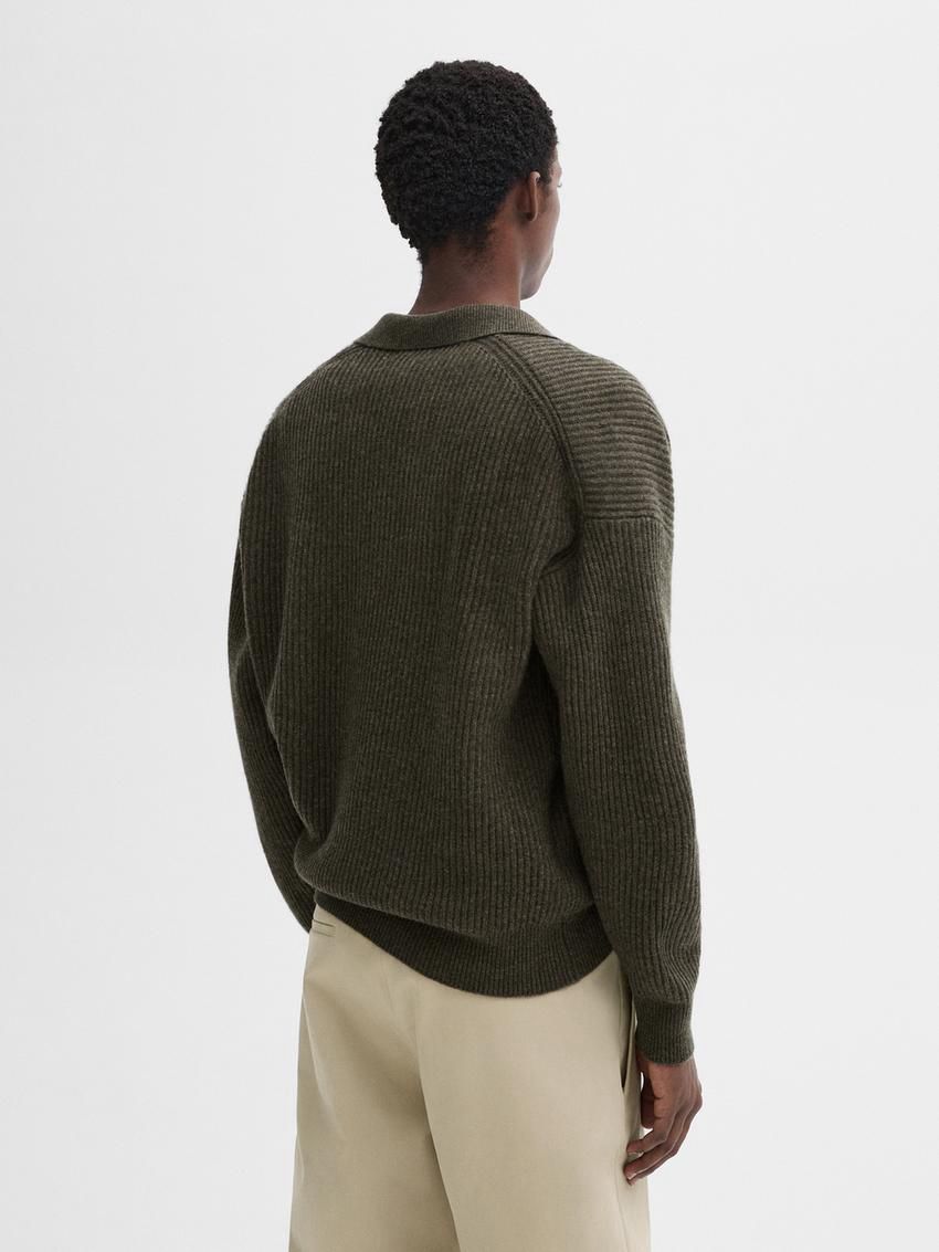 Massimo Dutti Wool Knit With Polo Collar Men Sweater Dark Green | US-DT8467130