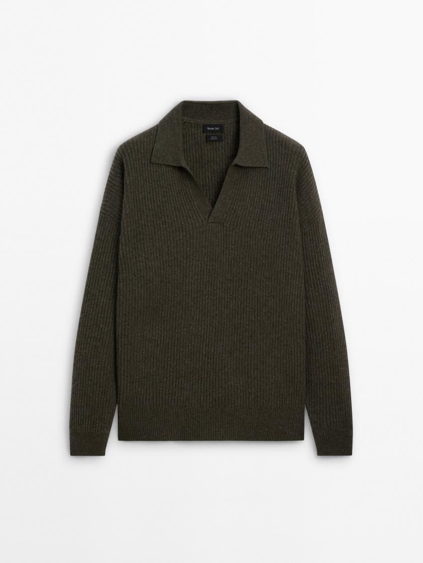 Massimo Dutti Wool Knit With Polo Collar Men Sweater Dark Green | US-DT8467130