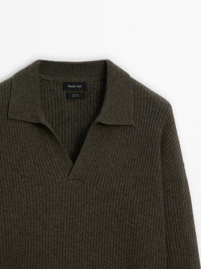 Massimo Dutti Wool Knit With Polo Collar Men Sweater Dark Green | US-DT8467130