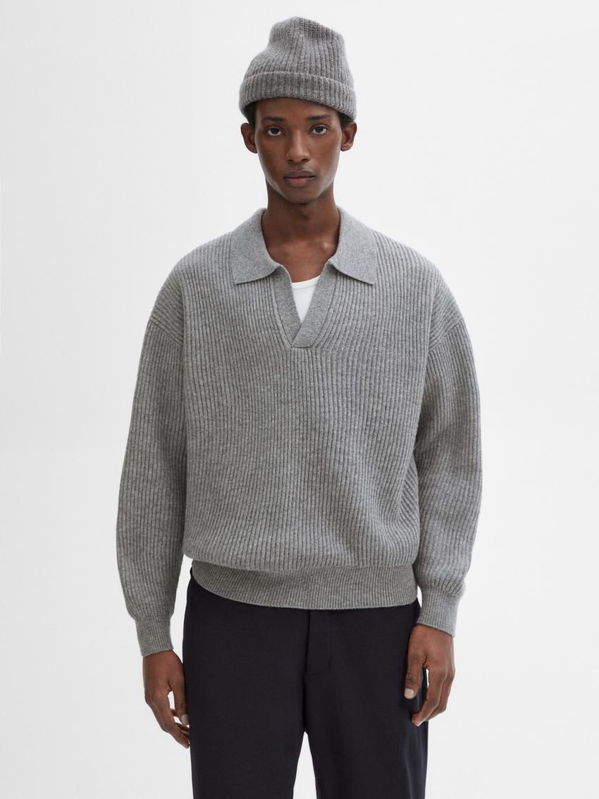Massimo Dutti Wool Knit With Polo Collar Men Sweater Grey | US-QM1950374