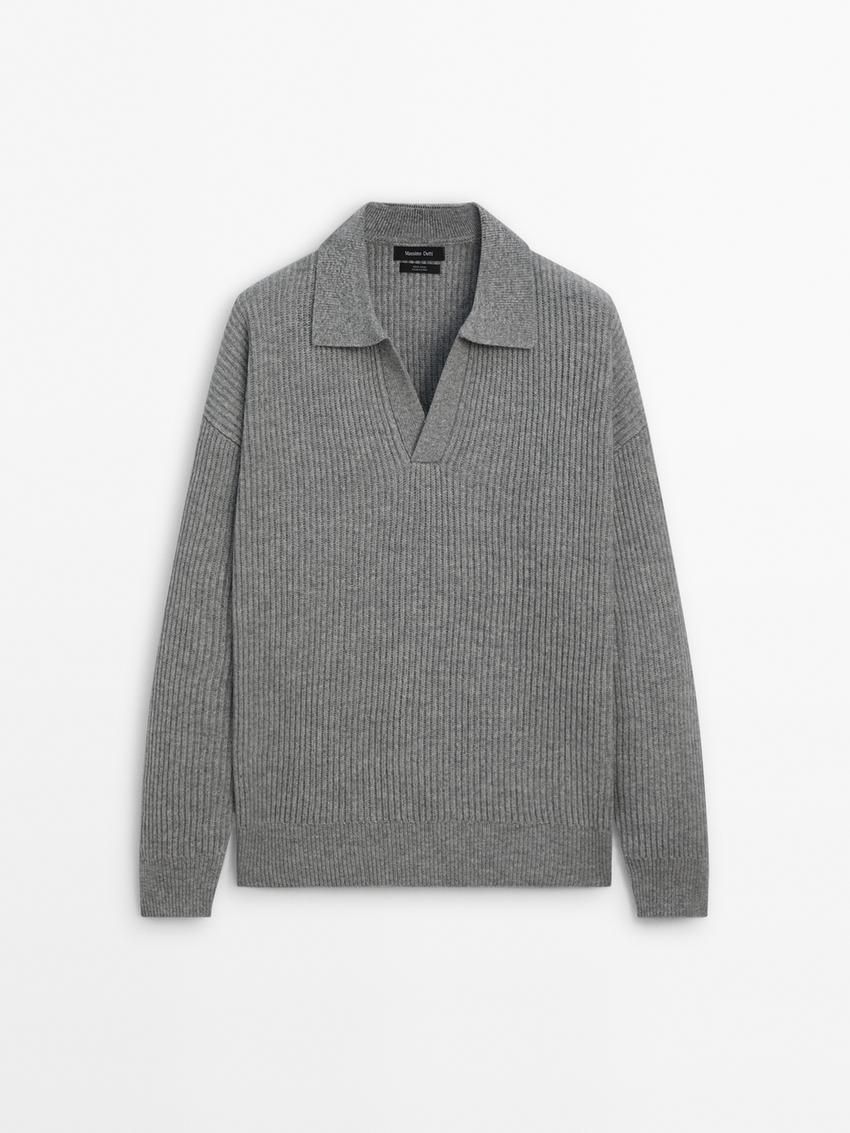 Massimo Dutti Wool Knit With Polo Collar Men Sweater Grey | US-QM1950374