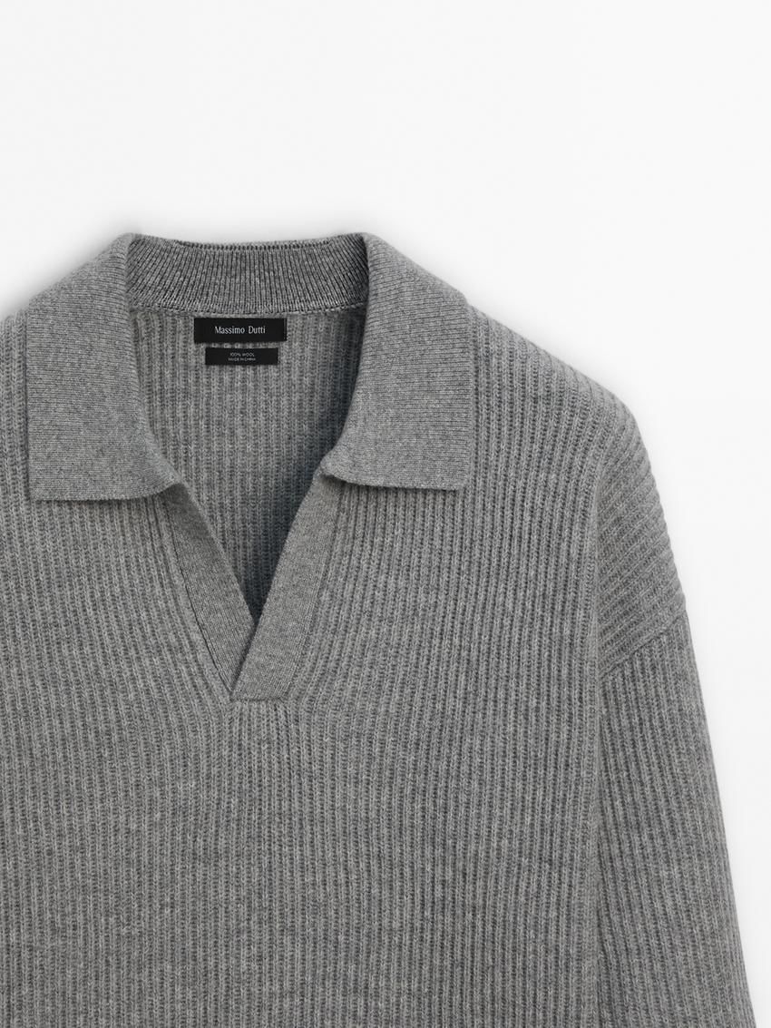 Massimo Dutti Wool Knit With Polo Collar Men Sweater Grey | US-QM1950374