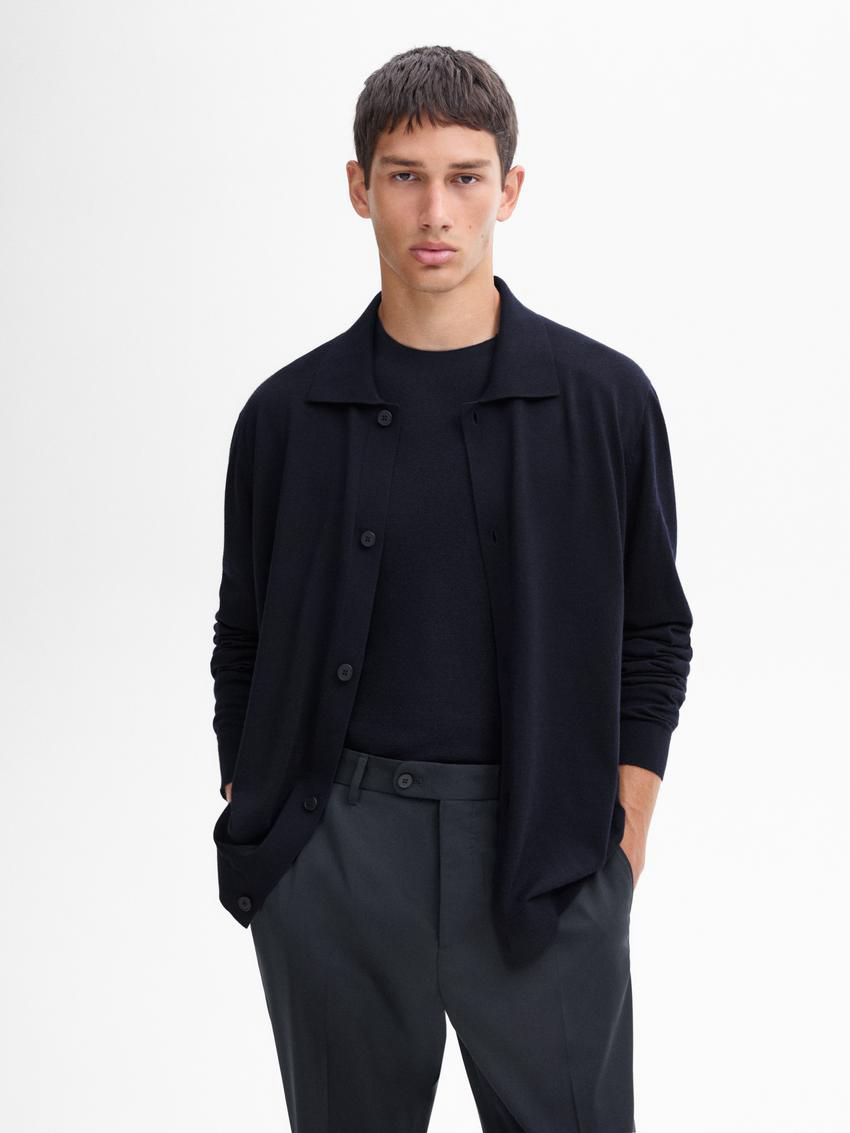 Massimo Dutti Wool Knit With Polo Men Cardigan Navy | US-JV6031428