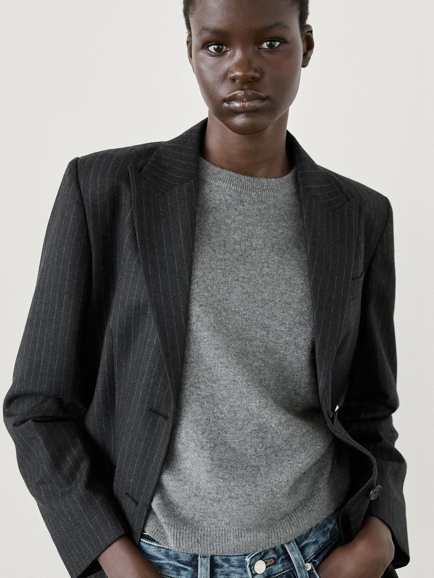 Massimo Dutti Wool Pinstripe Co-ord Women Blazer Dark Grey | US-YW0192483