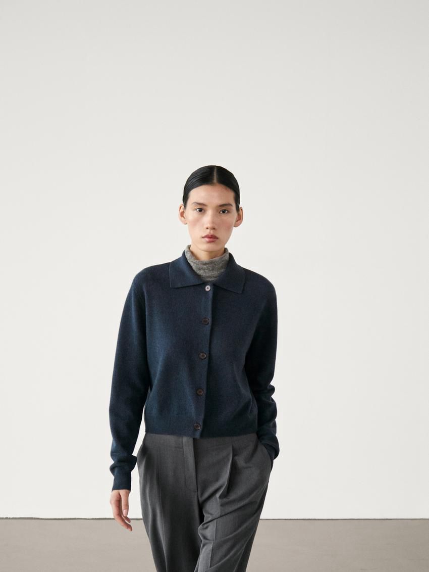 Massimo Dutti Wool Polo Collar Knit Women Cardigan Dark Blue | US-DB9360182