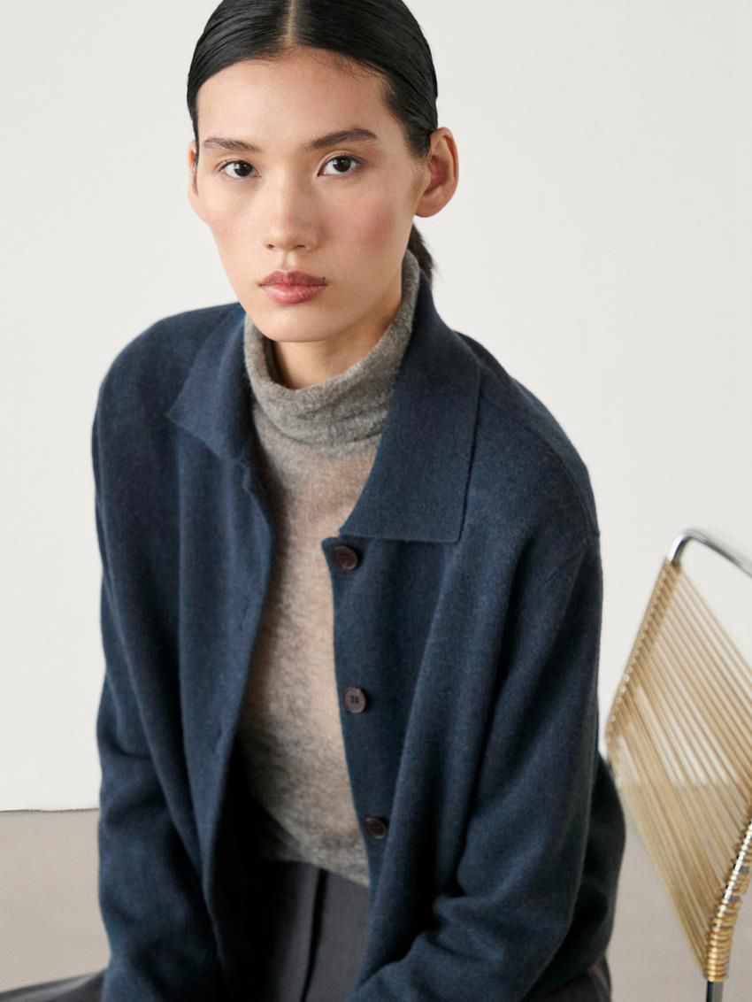 Massimo Dutti Wool Polo Collar Knit Women Cardigan Dark Blue | US-DB9360182