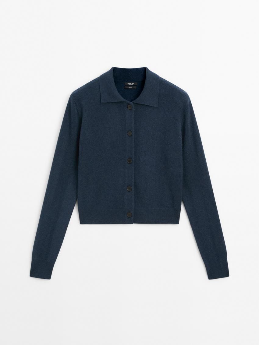 Massimo Dutti Wool Polo Collar Knit Women Cardigan Dark Blue | US-DB9360182