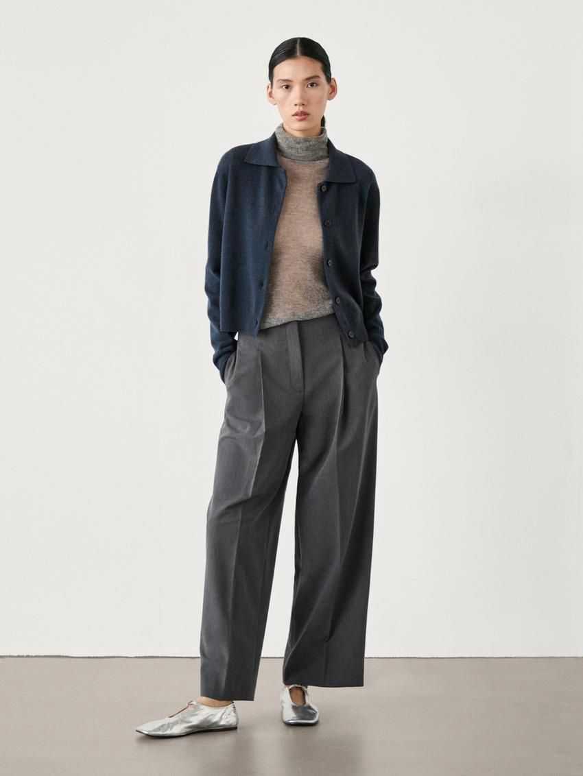 Massimo Dutti Wool Polo Collar Knit Women Cardigan Dark Blue | US-DB9360182