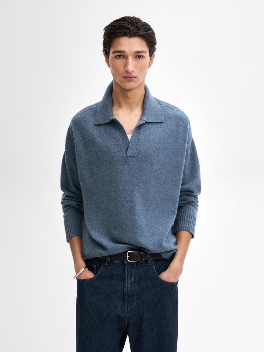 Massimo Dutti Wool Polo Collar Men Sweater Dark Blue | US-CF5048327
