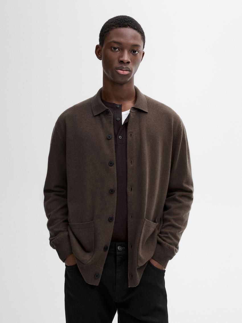 Massimo Dutti Wool Polo Neck Knit Men Cardigan Dark Brown | US-VW9831047