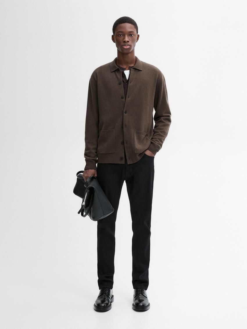 Massimo Dutti Wool Polo Neck Knit Men Cardigan Dark Brown | US-VW9831047