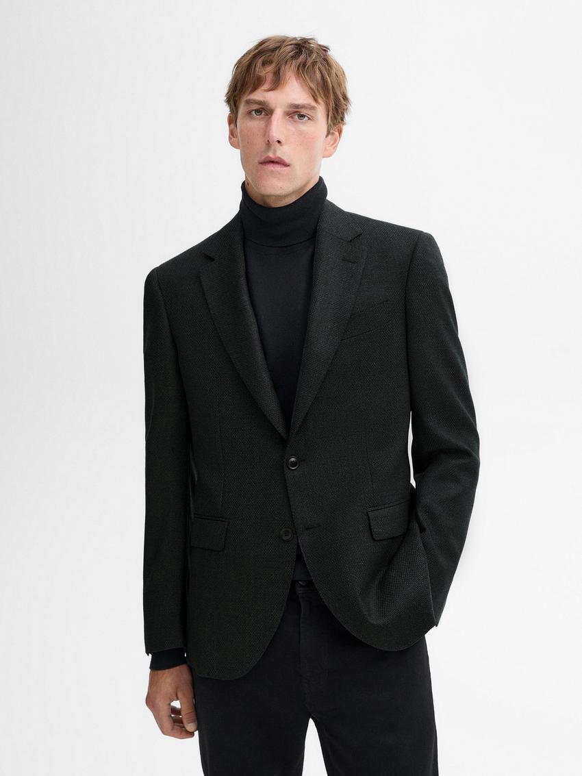 Massimo Dutti Wool Textured Men Blazer Dark Green | US-HN3410297