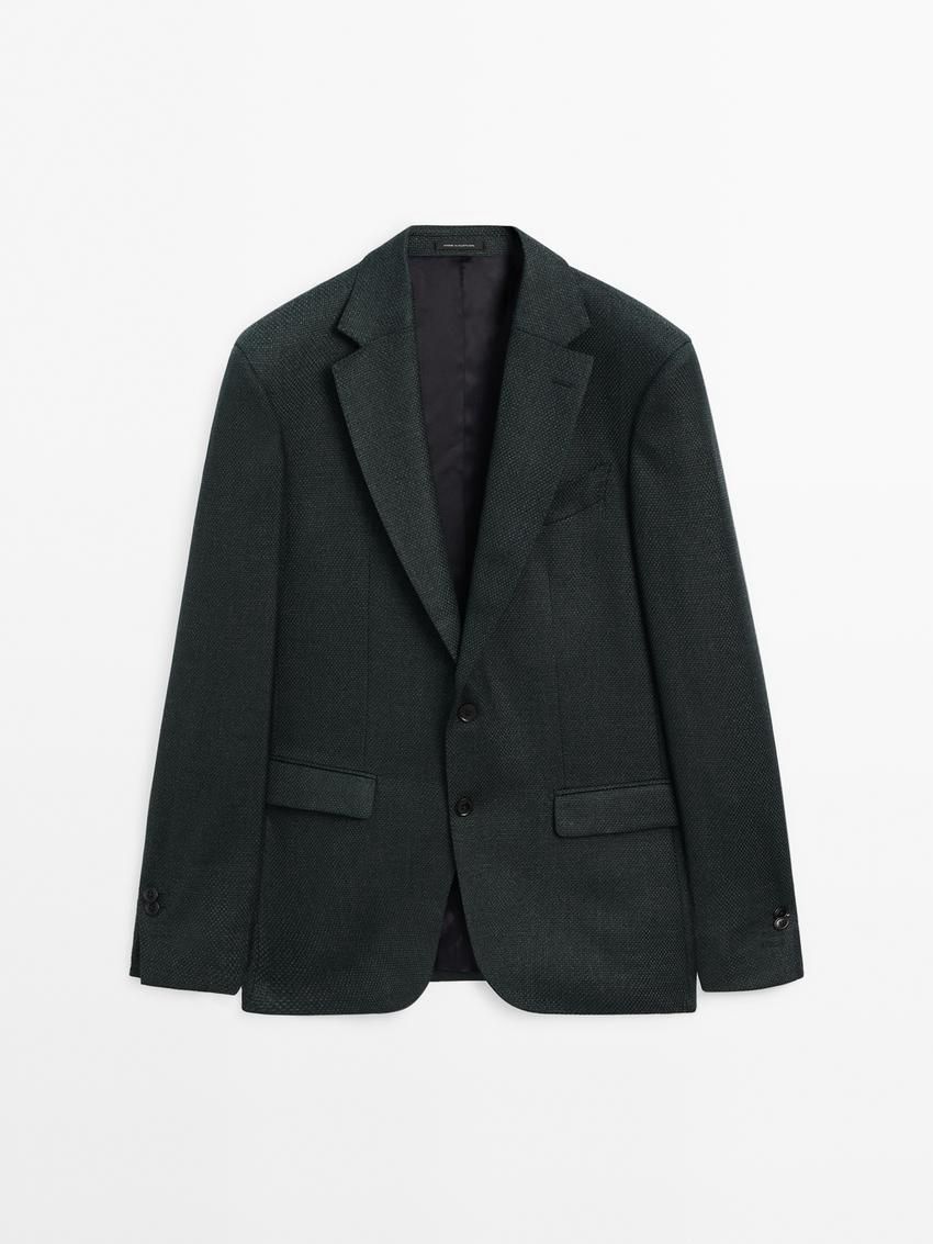 Massimo Dutti Wool Textured Men Blazer Dark Green | US-HN3410297