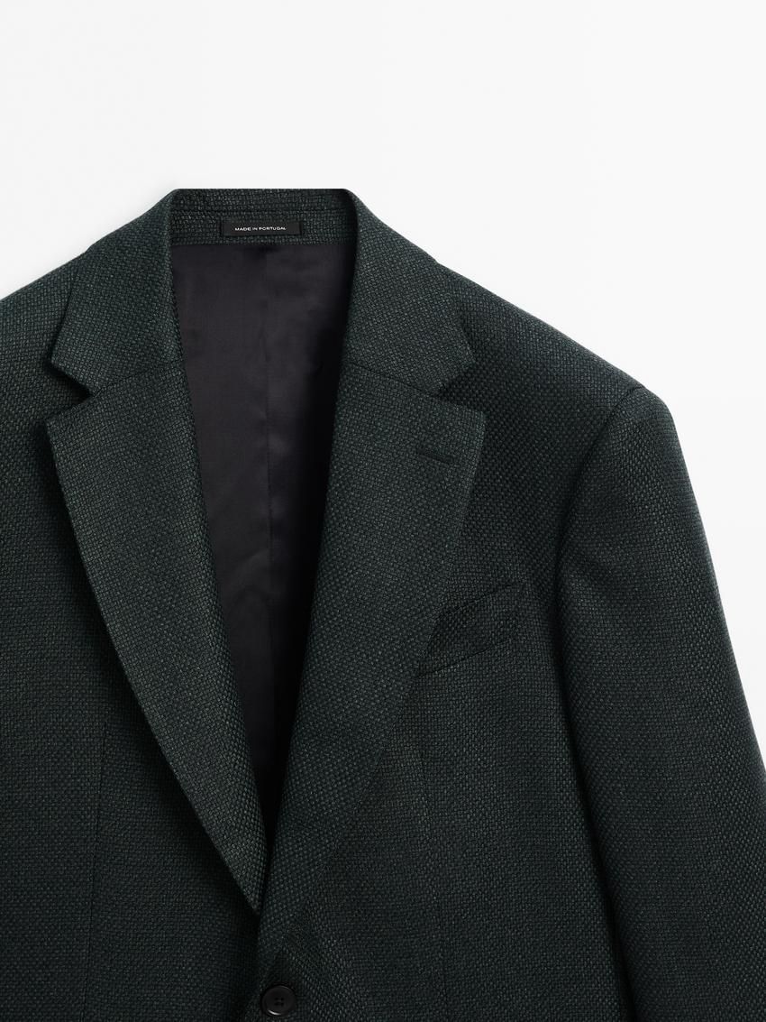Massimo Dutti Wool Textured Men Blazer Dark Green | US-HN3410297